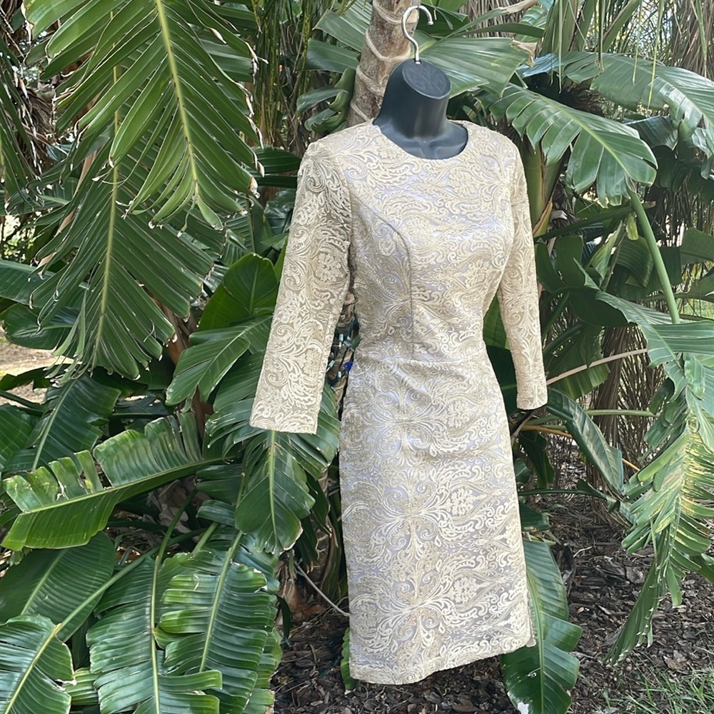 Sue Wong metallic gold lace and silver illusion dress